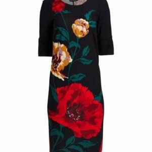 StellaMax Women's Black Floral 3/4 Sleeve Round Neck Casual Midi Sheath Dress